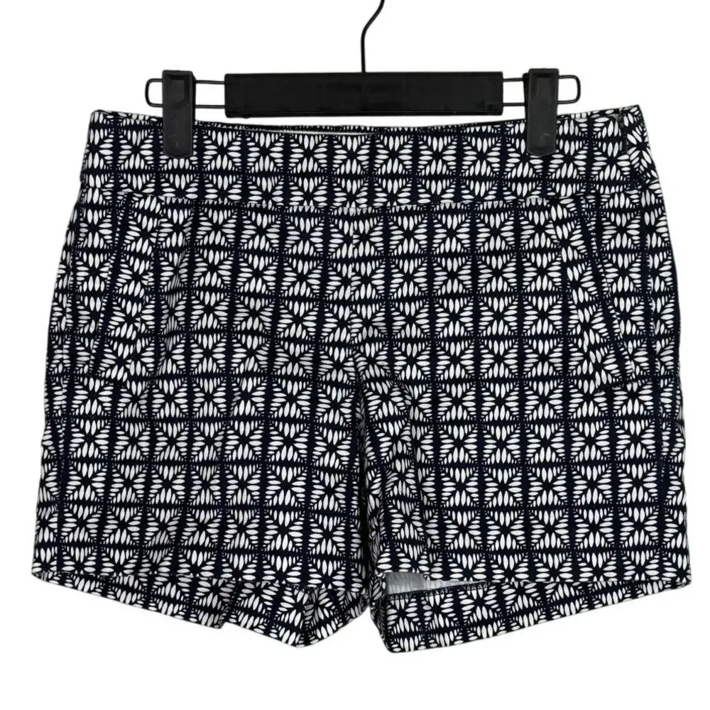 J. Crew City Fit Stretch Mid Rise Shorts Pockets Side Zipper 2 Navy Blue White